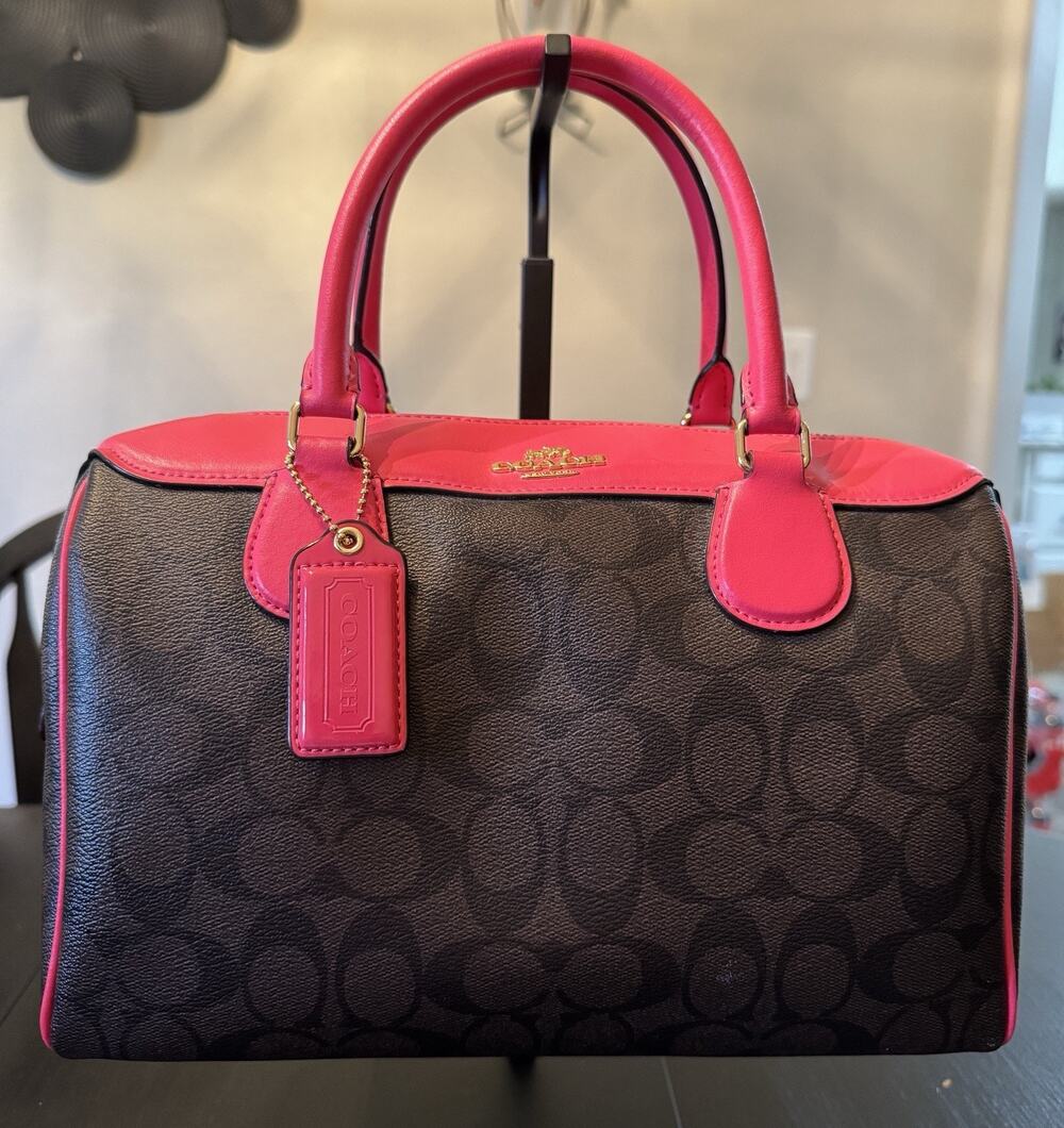 Coach Large Rowan Satchel In Dark Signature Canvas And Hot Pink Crossbody Bag